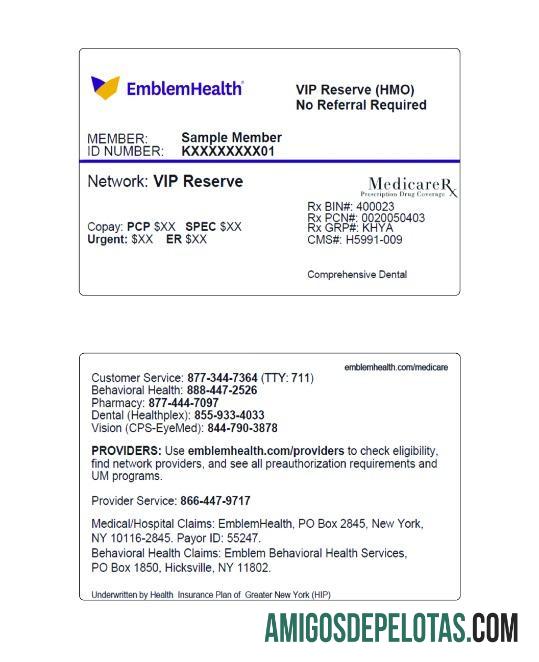 Cartão de certificado de saúde EmblemHealth dos EUA em Nova York exemplo real